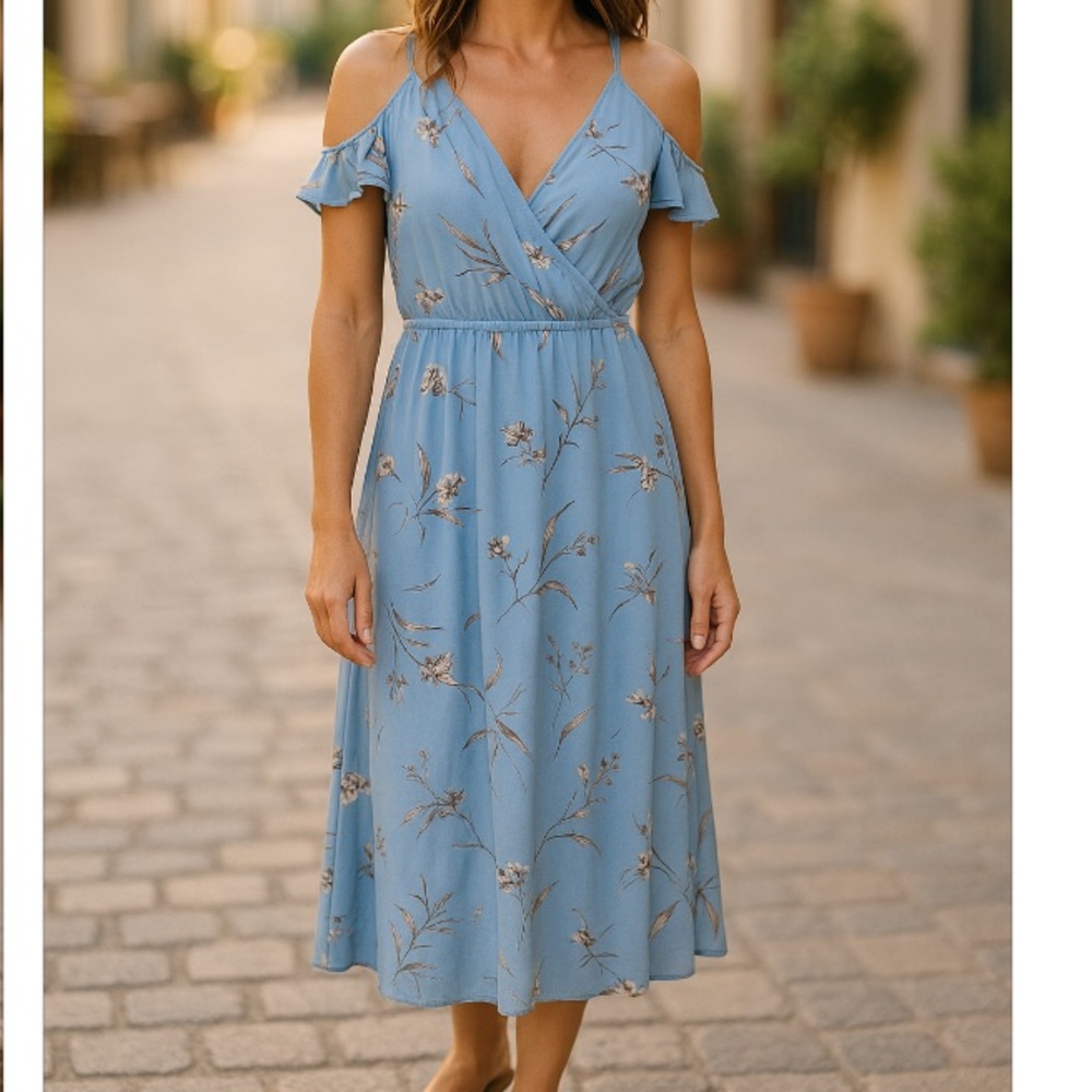 ONE CLOTHING Floral Open Shoulder Maxi Dress Women’s S Cornflower Blue Tie Back - Picture 1 of 9